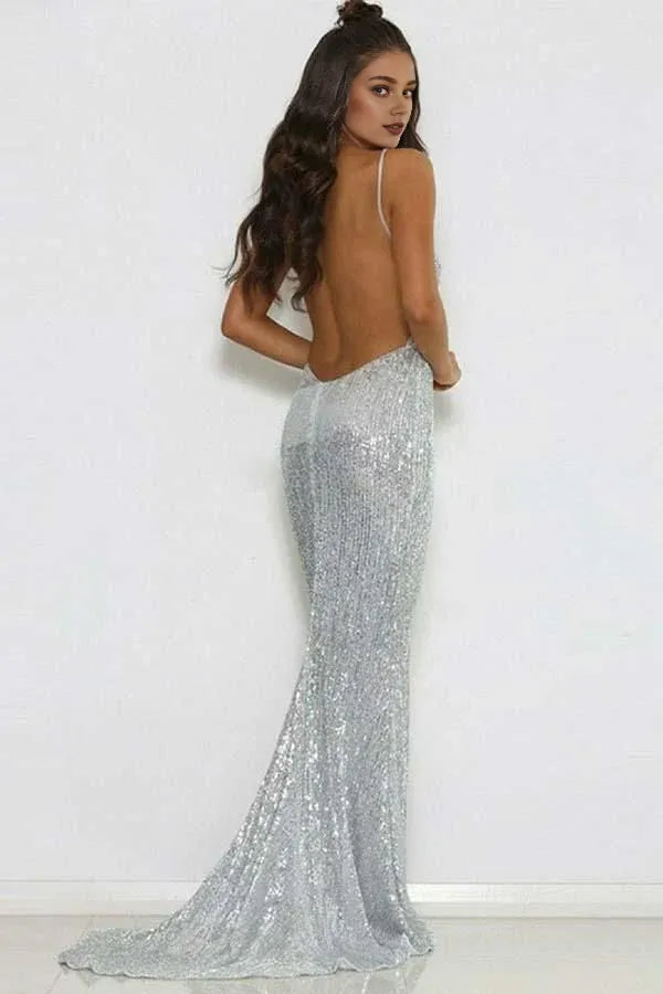 Vestido de fiesta Weitese modesto largo de sirena con escote en V y lentejuelas y espalda abierta